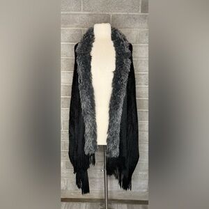 Bossani Black Faux Fur Cape Poncho w/ Gray Faux Fur Trim & Fringe